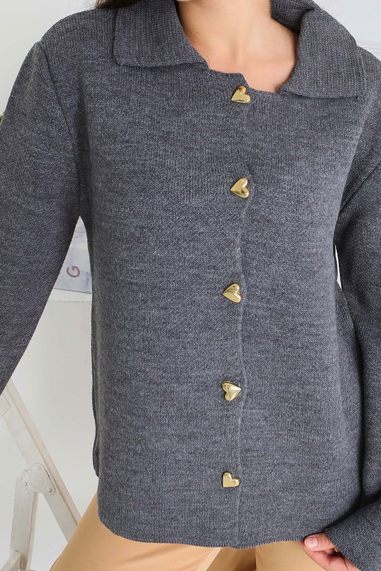 Kalp Düğmeli Triko Ceket - 27835-ANTRASIT - TOFİSA