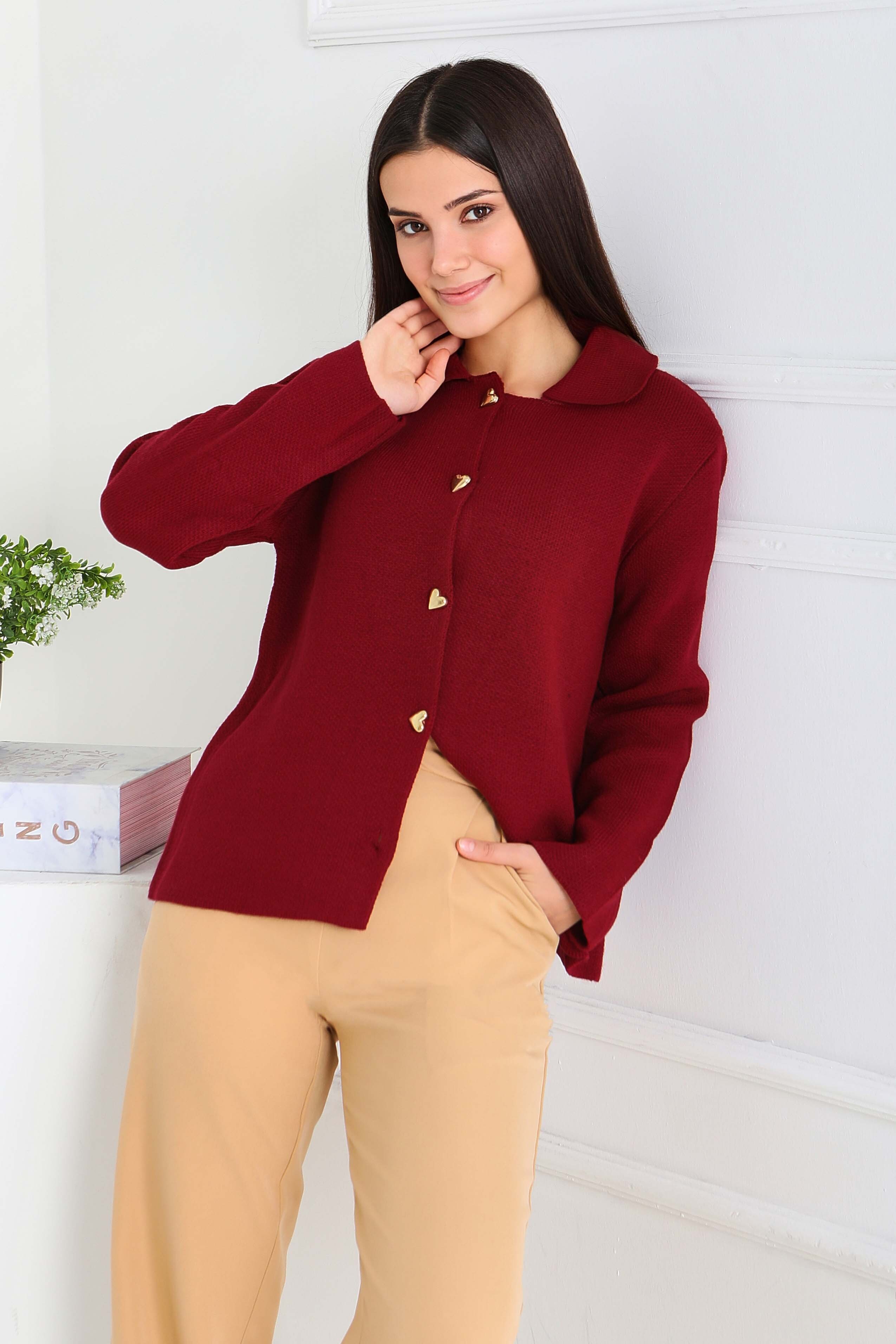 Kalp Düğmeli Triko Ceket - 27835-BORDO - 3
