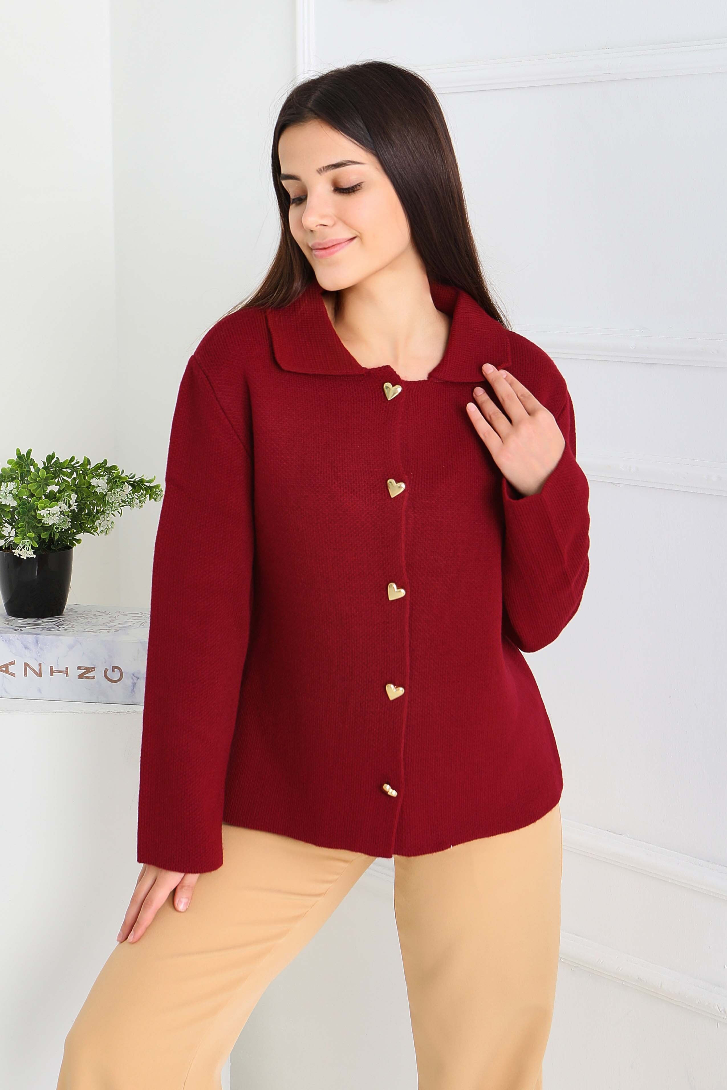Kalp Düğmeli Triko Ceket - 27835-BORDO - 4