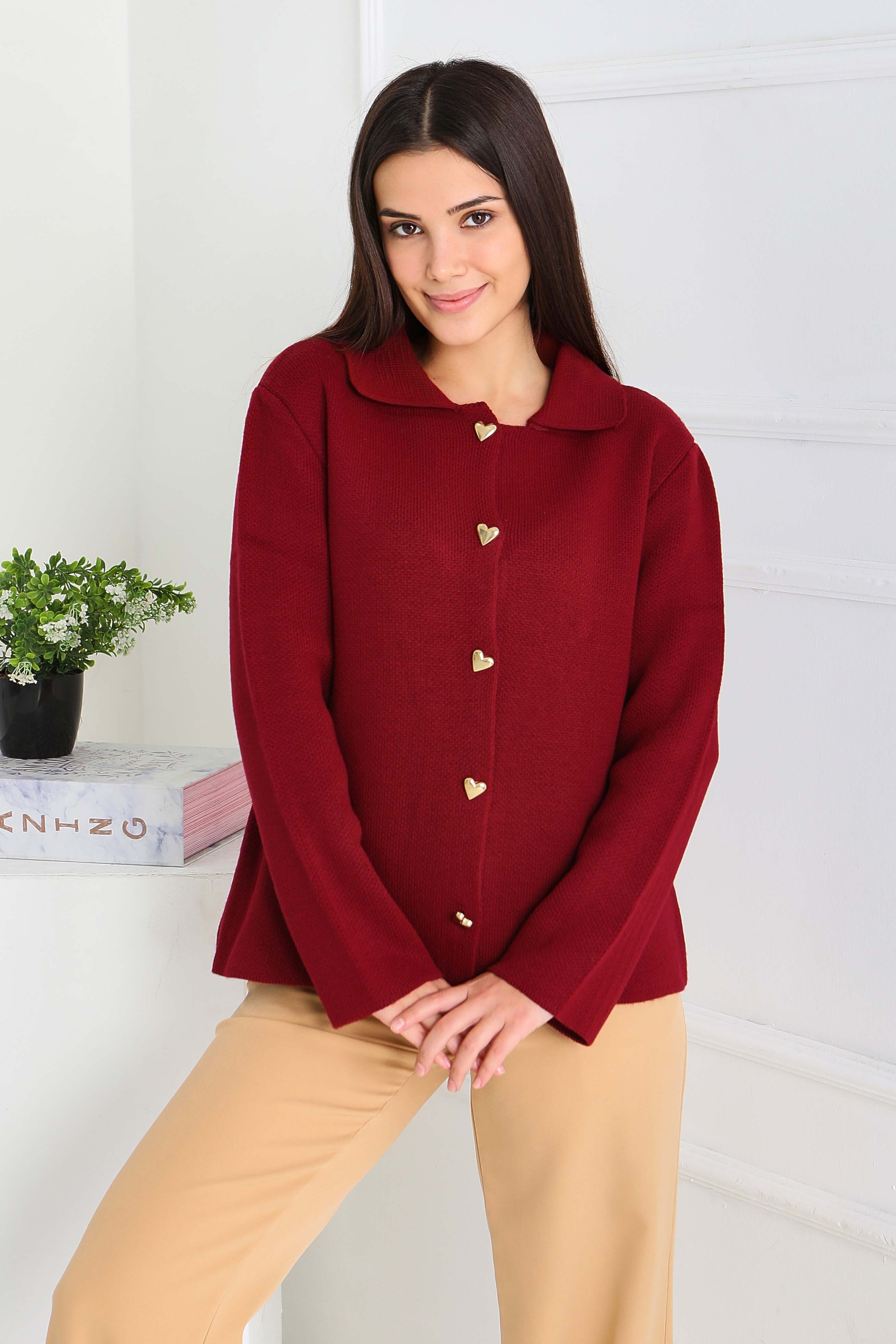 Kalp Düğmeli Triko Ceket - 27835-BORDO - 2