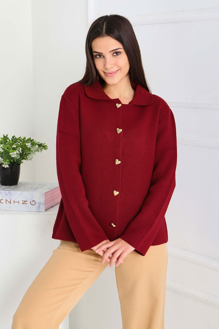 Kalp Düğmeli Triko Ceket - 27835-BORDO - TOFİSA