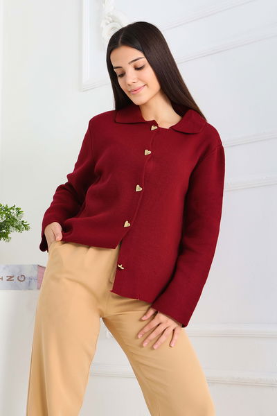 Kalp Düğmeli Triko Ceket - 27835-BORDO 