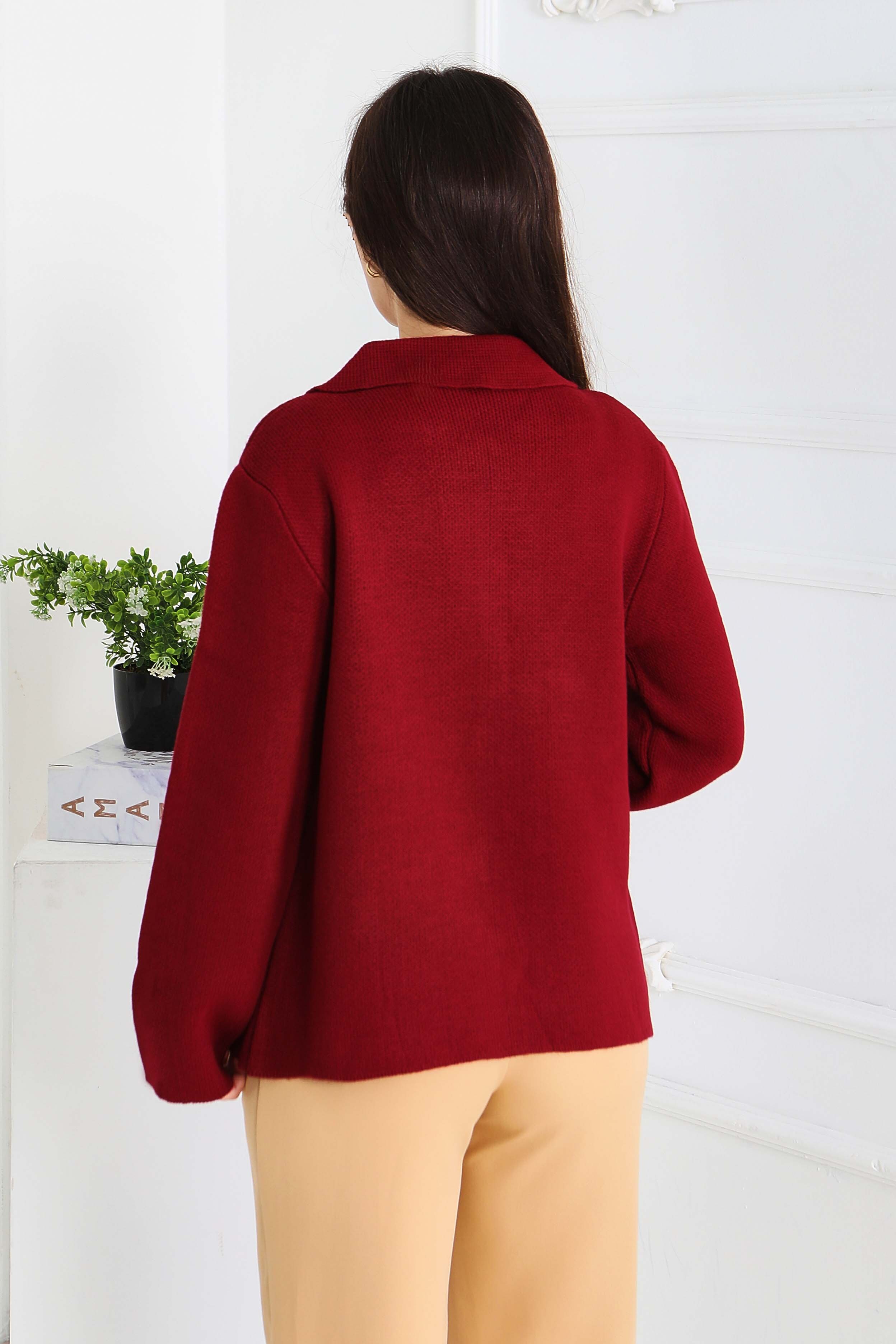 Kalp Düğmeli Triko Ceket - 27835-BORDO - 5
