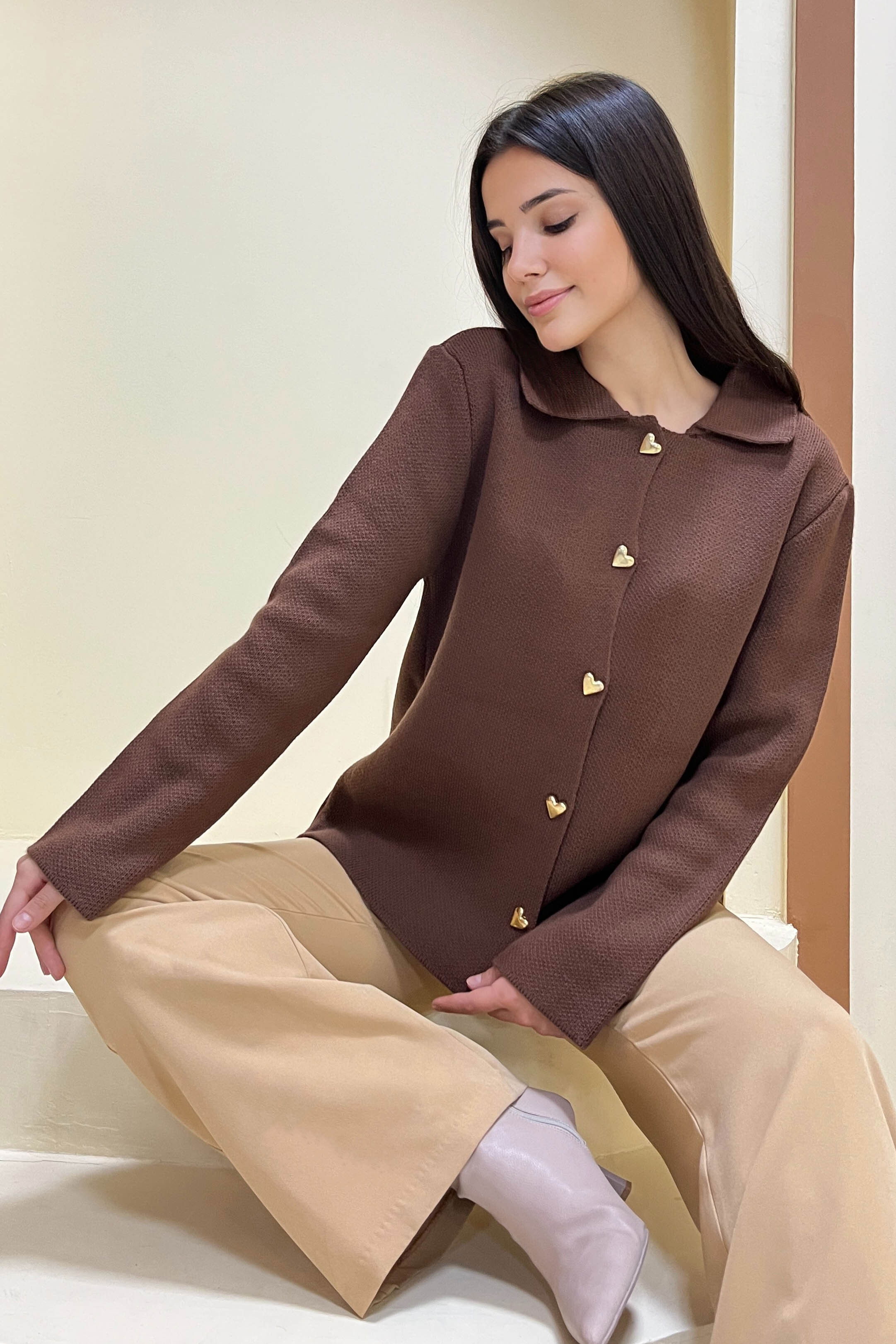 Kalp Düğmeli Triko Ceket - 27835-KAHVE - 1