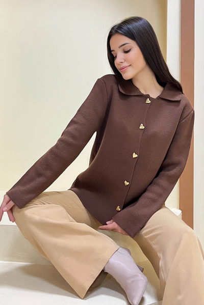 Kalp Düğmeli Triko Ceket - 27835-KAHVE 