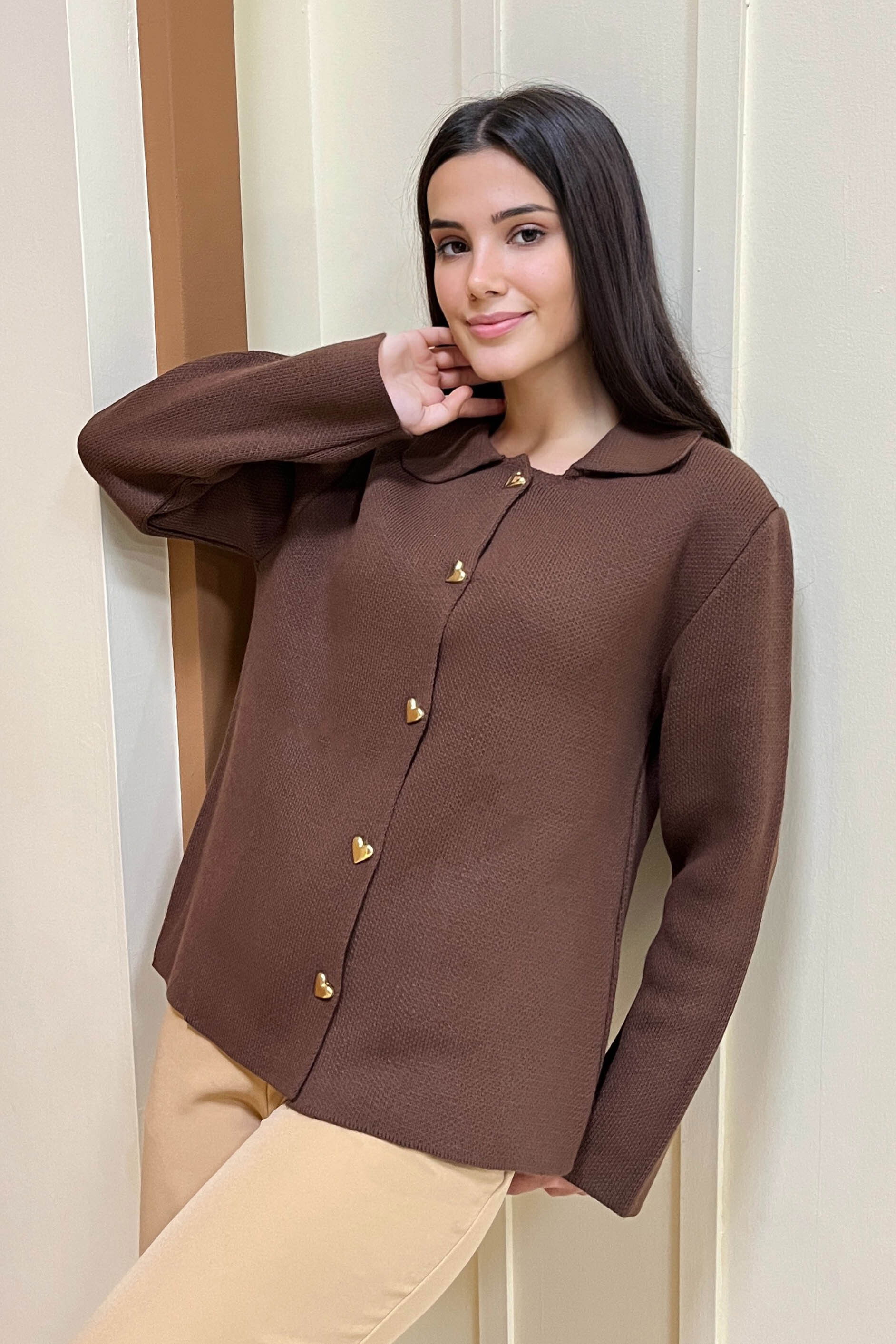 Kalp Düğmeli Triko Ceket - 27835-KAHVE - 3