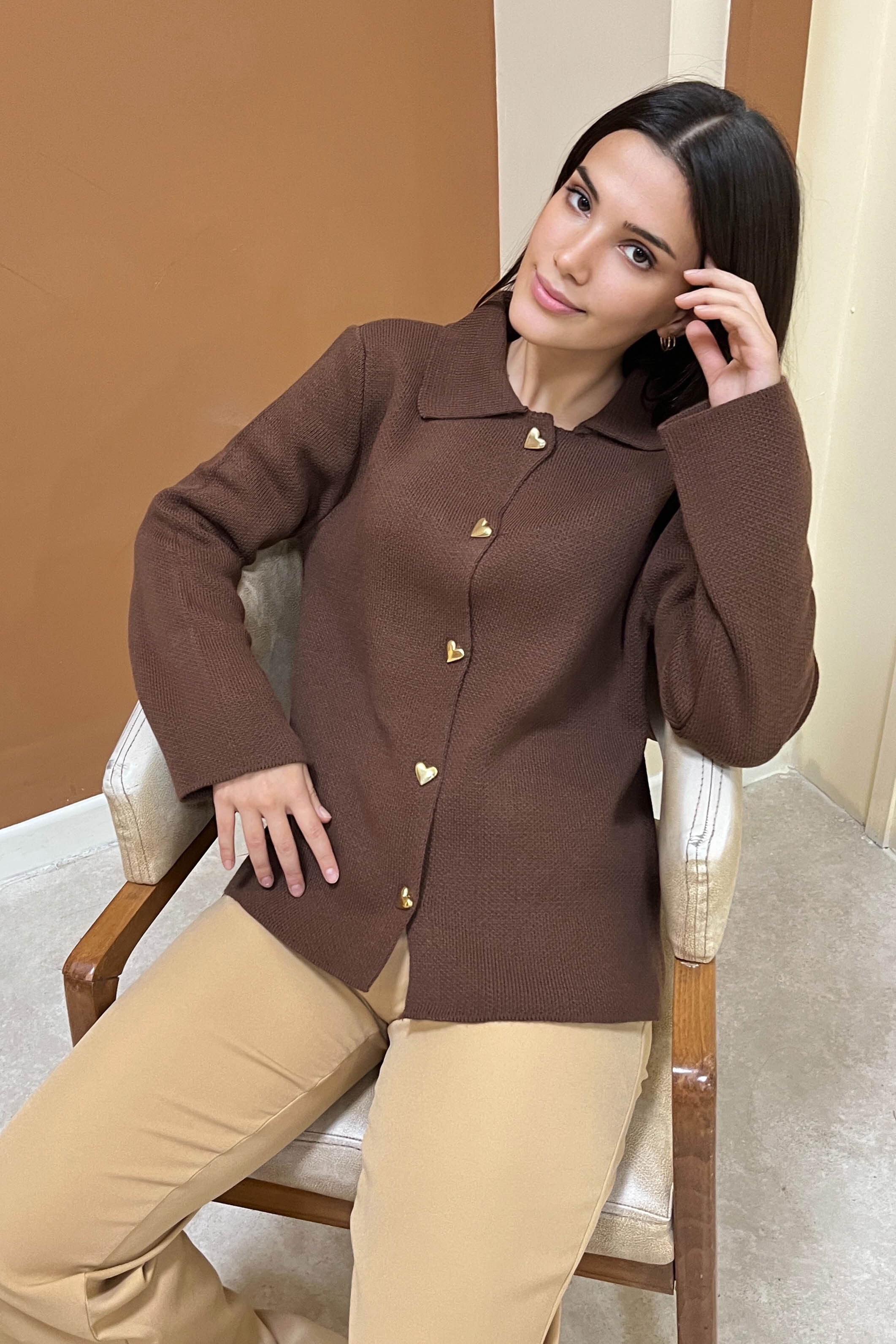 Kalp Düğmeli Triko Ceket - 27835-KAHVE - 5