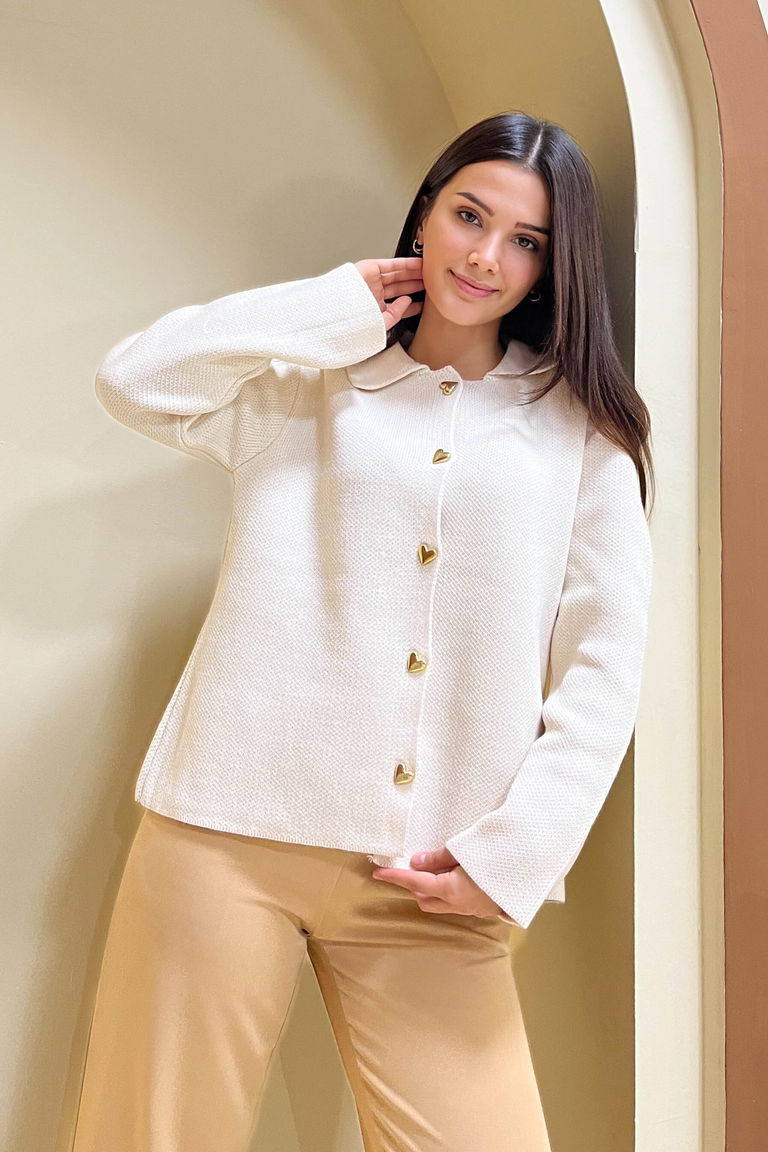 Kalp Düğmeli Triko Ceket - 27835-KREM - TOFİSA