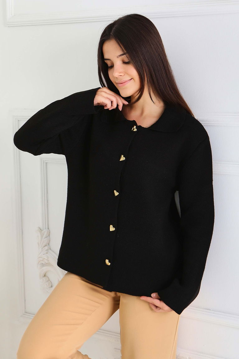 Kalp Düğmeli Triko Ceket - 27835-SIYAH - TOFİSA