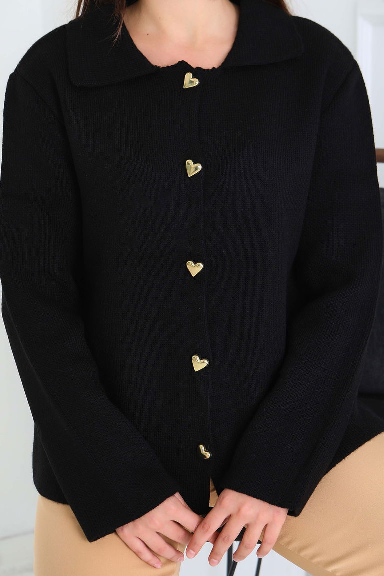 Kalp Düğmeli Triko Ceket - 27835-SIYAH - TOFİSA