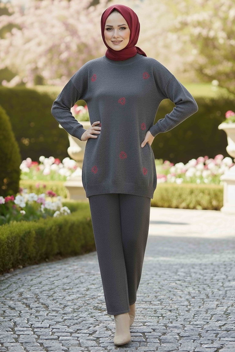 Kalp Nakışlı İkili Triko Takım - 28063-ANTRASIT - TOFİSA