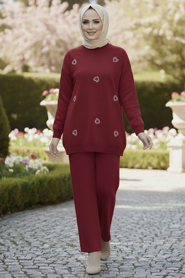 Kalp Nakışlı İkili Triko Takım - 28063-BORDO - TOFİSA