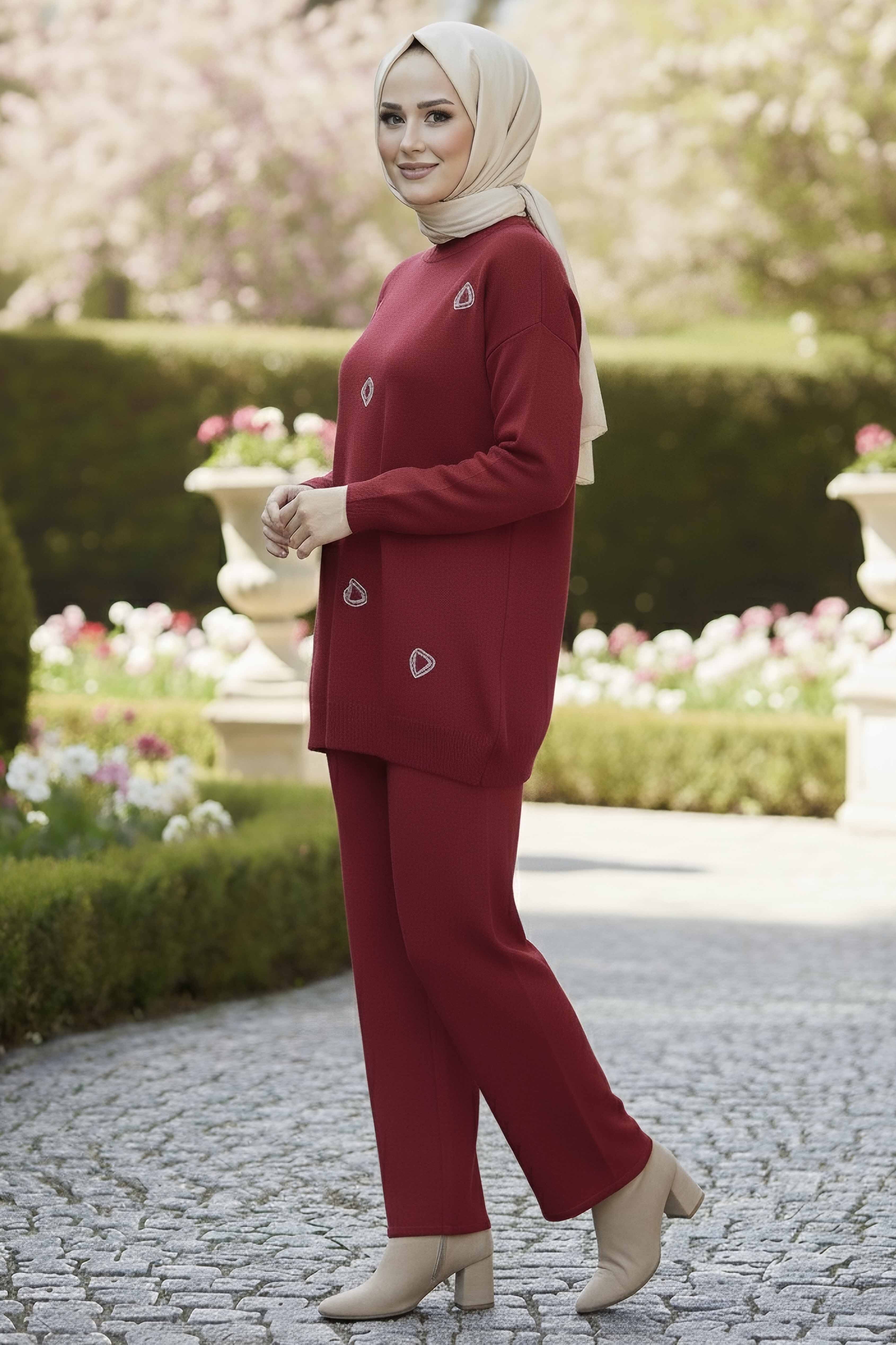 Kalp Nakışlı İkili Triko Takım - 28063-BORDO - 2