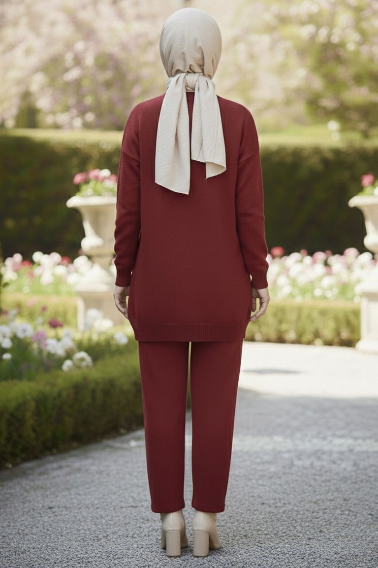 Kalp Nakışlı İkili Triko Takım - 28063-BORDO - TOFİSA