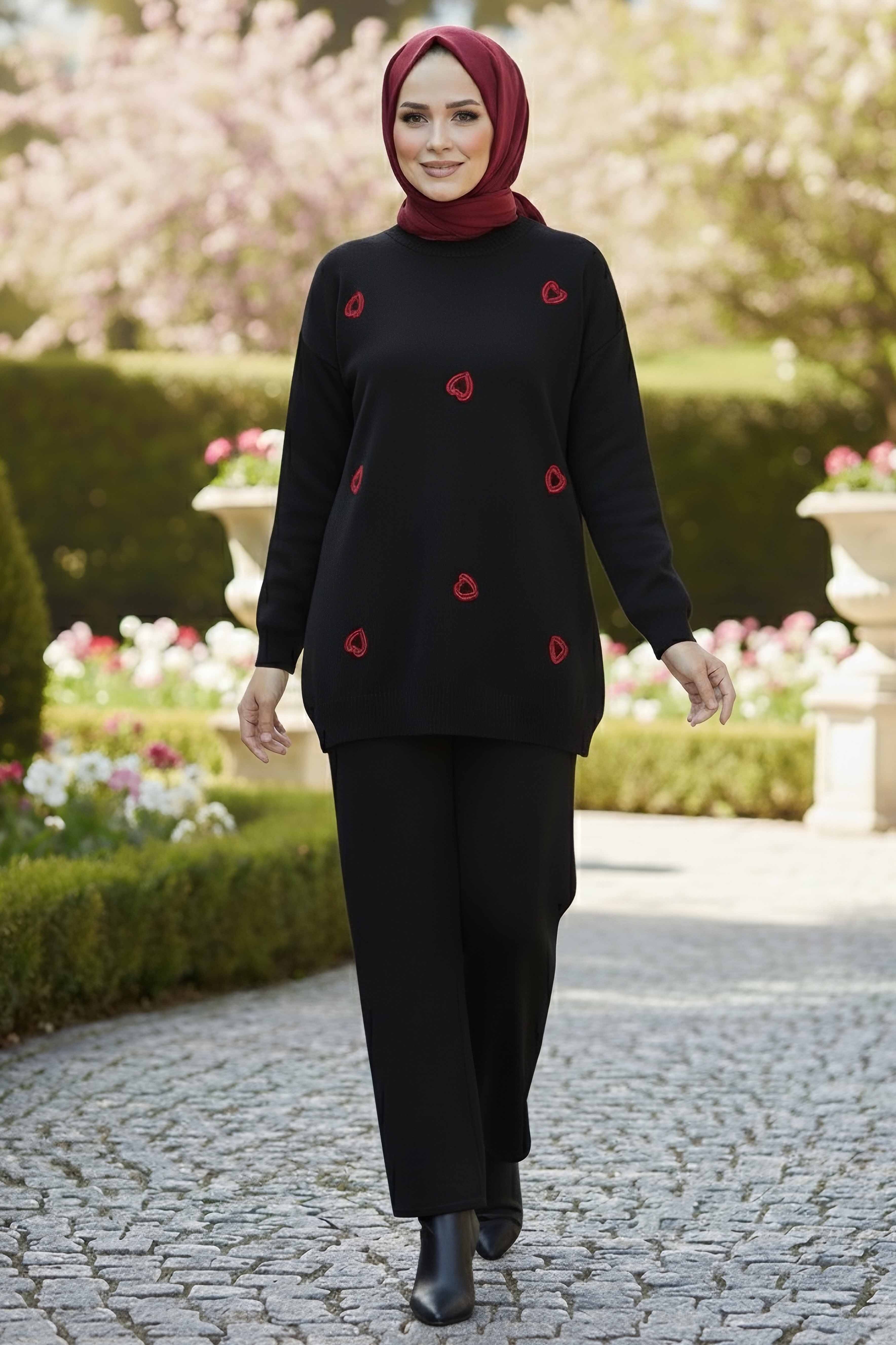 Kalp Nakışlı İkili Triko Takım - 28063-SIYAH - 1