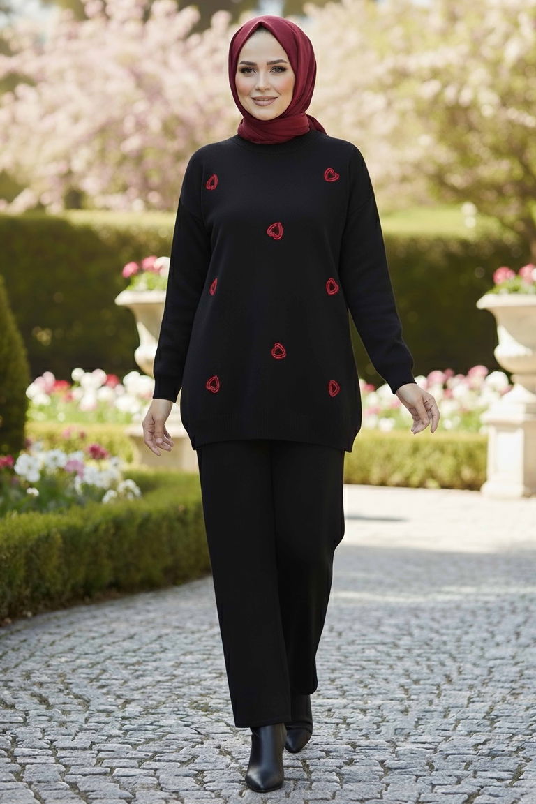 Kalp Nakışlı İkili Triko Takım - 28063-SIYAH - TOFİSA