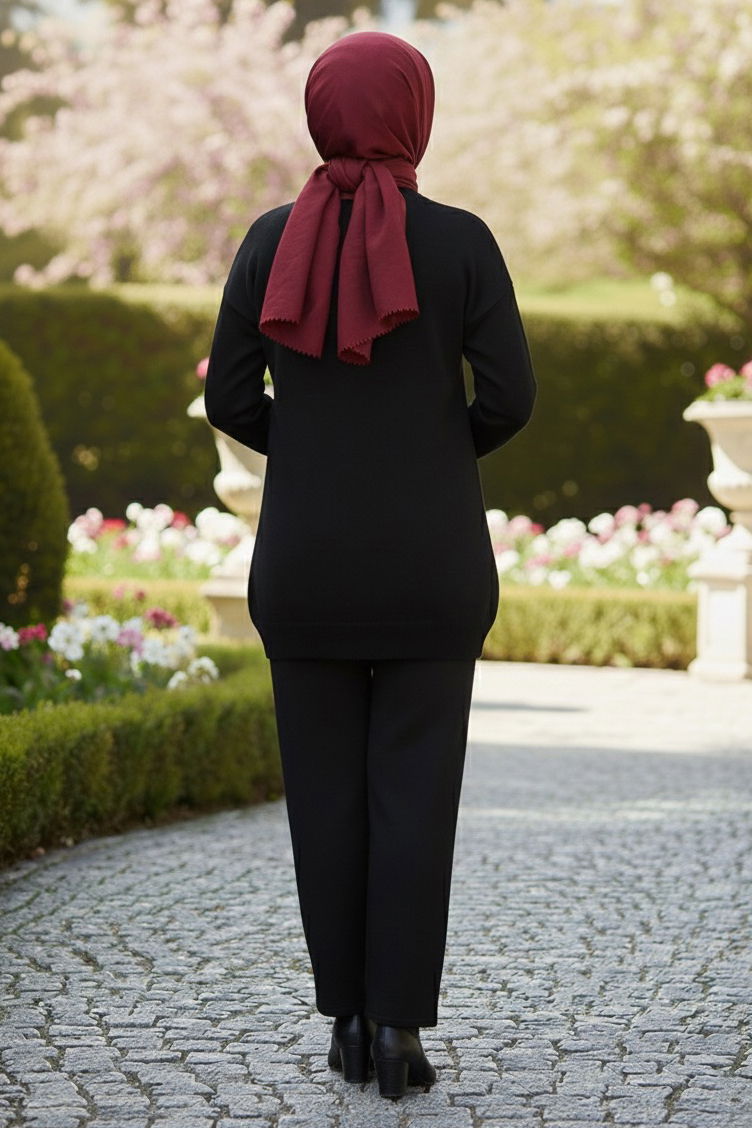 Kalp Nakışlı İkili Triko Takım - 28063-SIYAH - TOFİSA