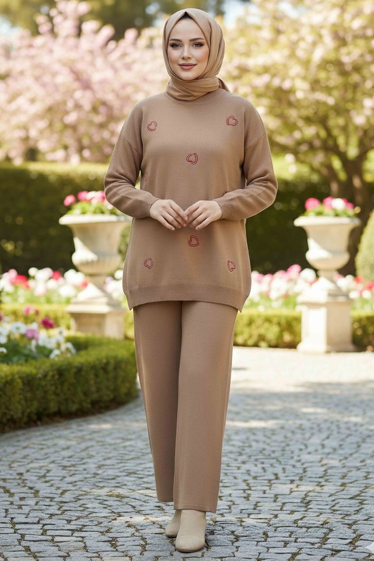 Kalp Nakışlı İkili Triko Takım - 28063-VIZON - TOFİSA