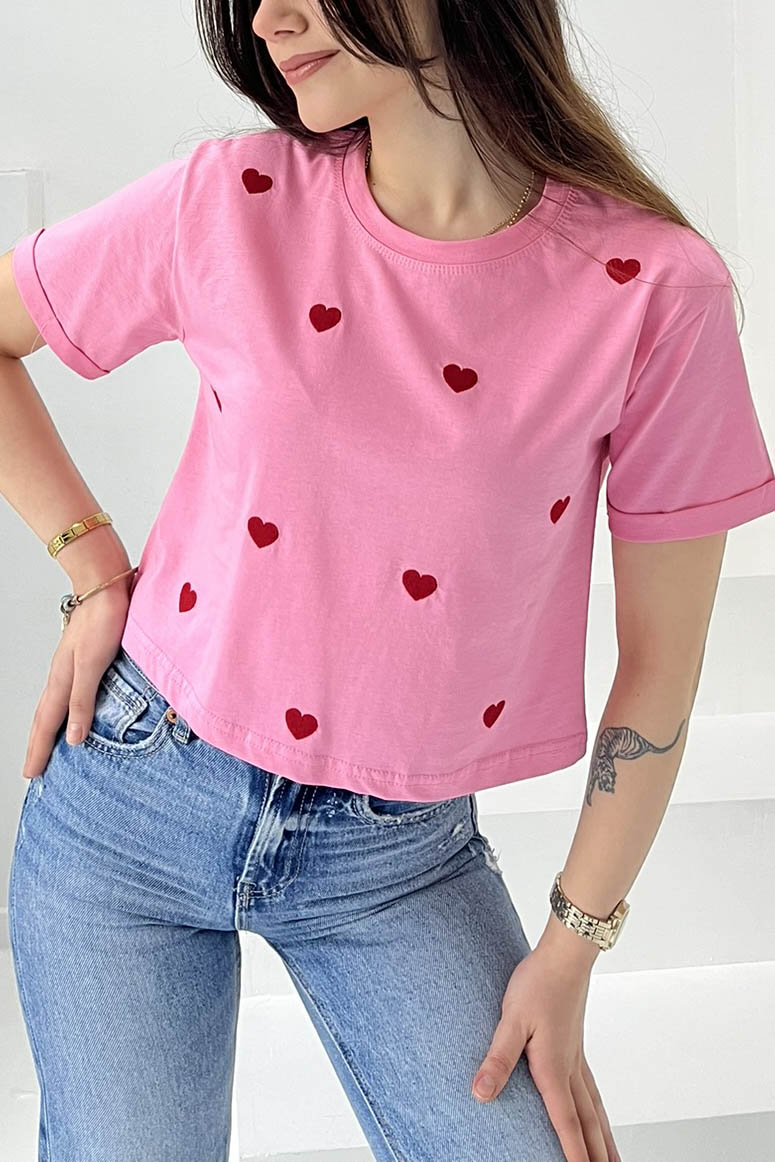 Kalp Nakışlı Kısa Kollu T-Şhirt Pembe - 27027 - 1