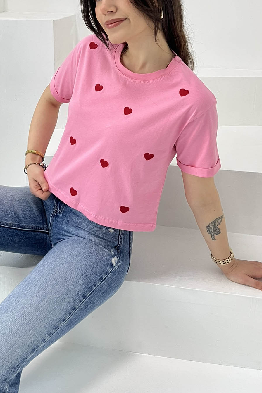 Kalp Nakışlı Kısa Kollu T-Şhirt Pembe - 27027 - 2