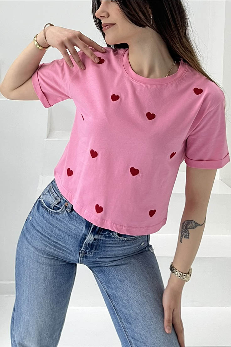 Kalp Nakışlı Kısa Kollu T-Şhirt Pembe - 27027 - 3