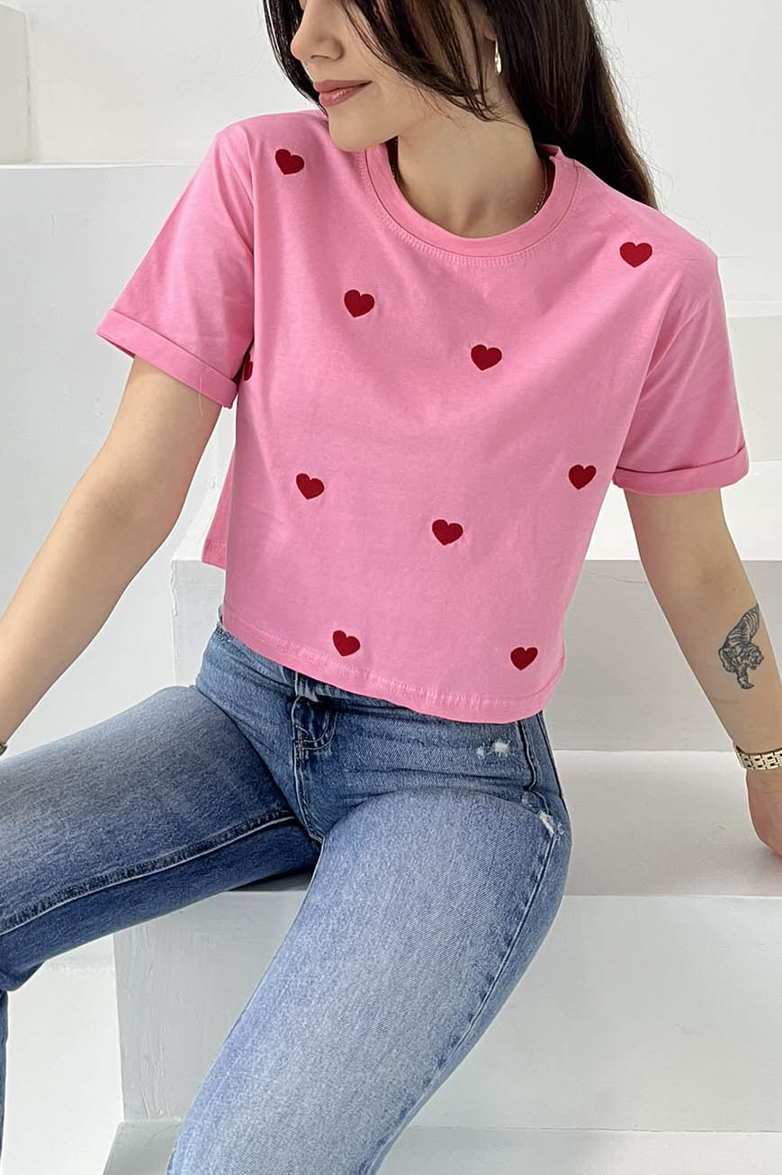 Kalp Nakışlı Kısa Kollu T-Şhirt Pembe - 27027 - 4