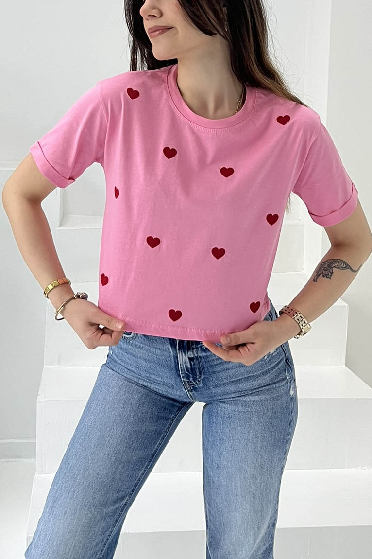Kalp Nakışlı Kısa Kollu T-Şhirt Pembe - 27027 - 5