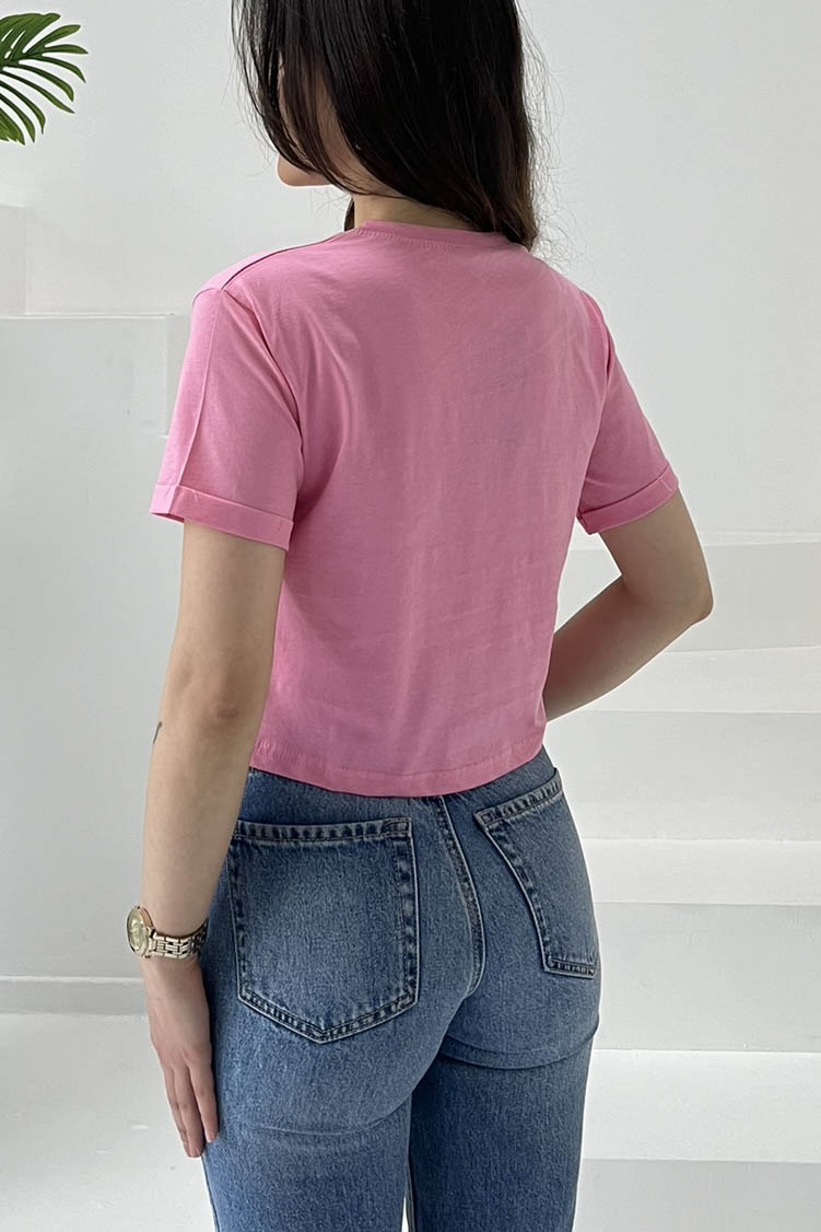 Kalp Nakışlı Kısa Kollu T-Şhirt Pembe - 27027 - 6