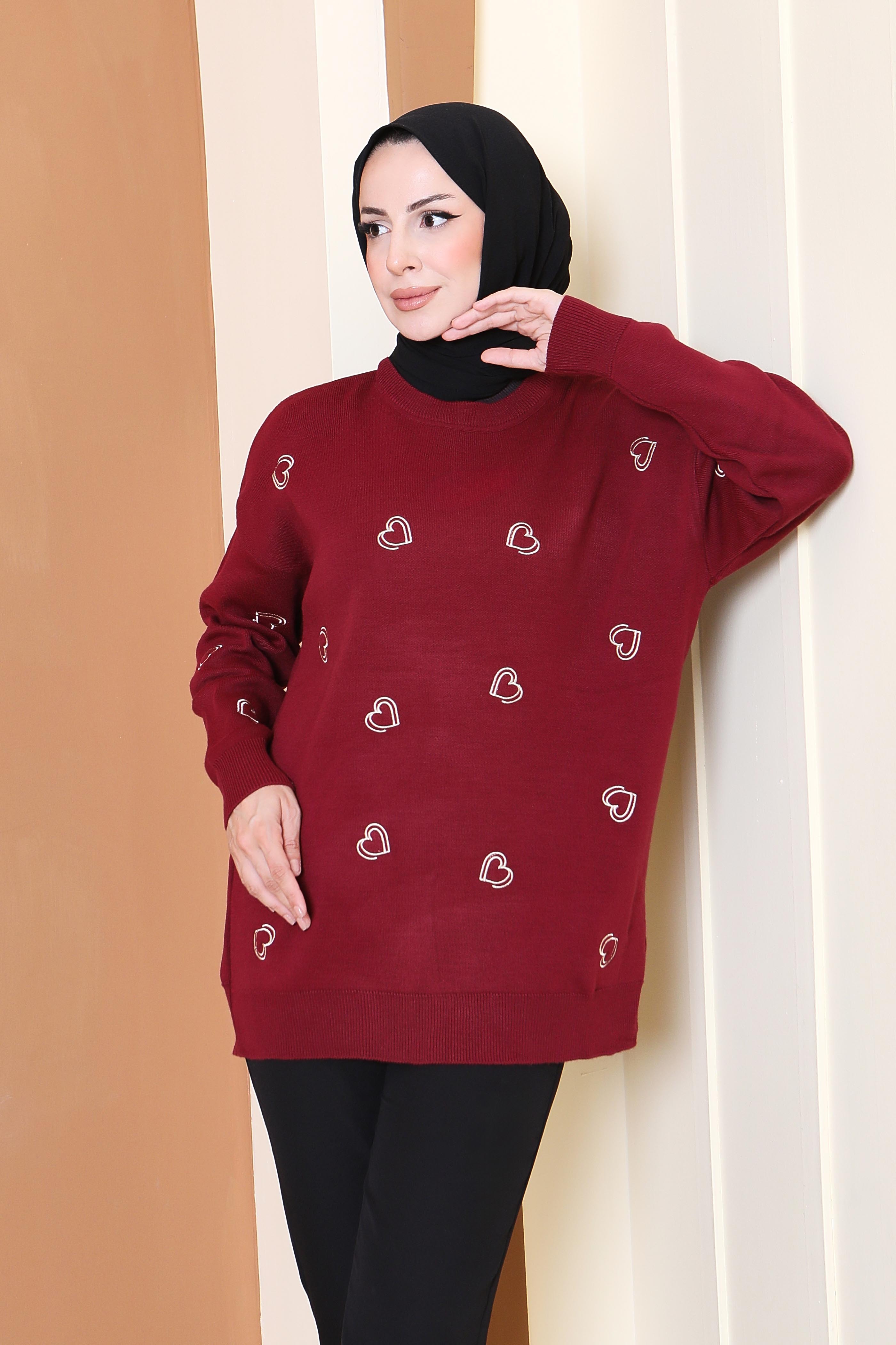 Kalp Nakışlı Triko Kazak - 27793-BORDO - 1