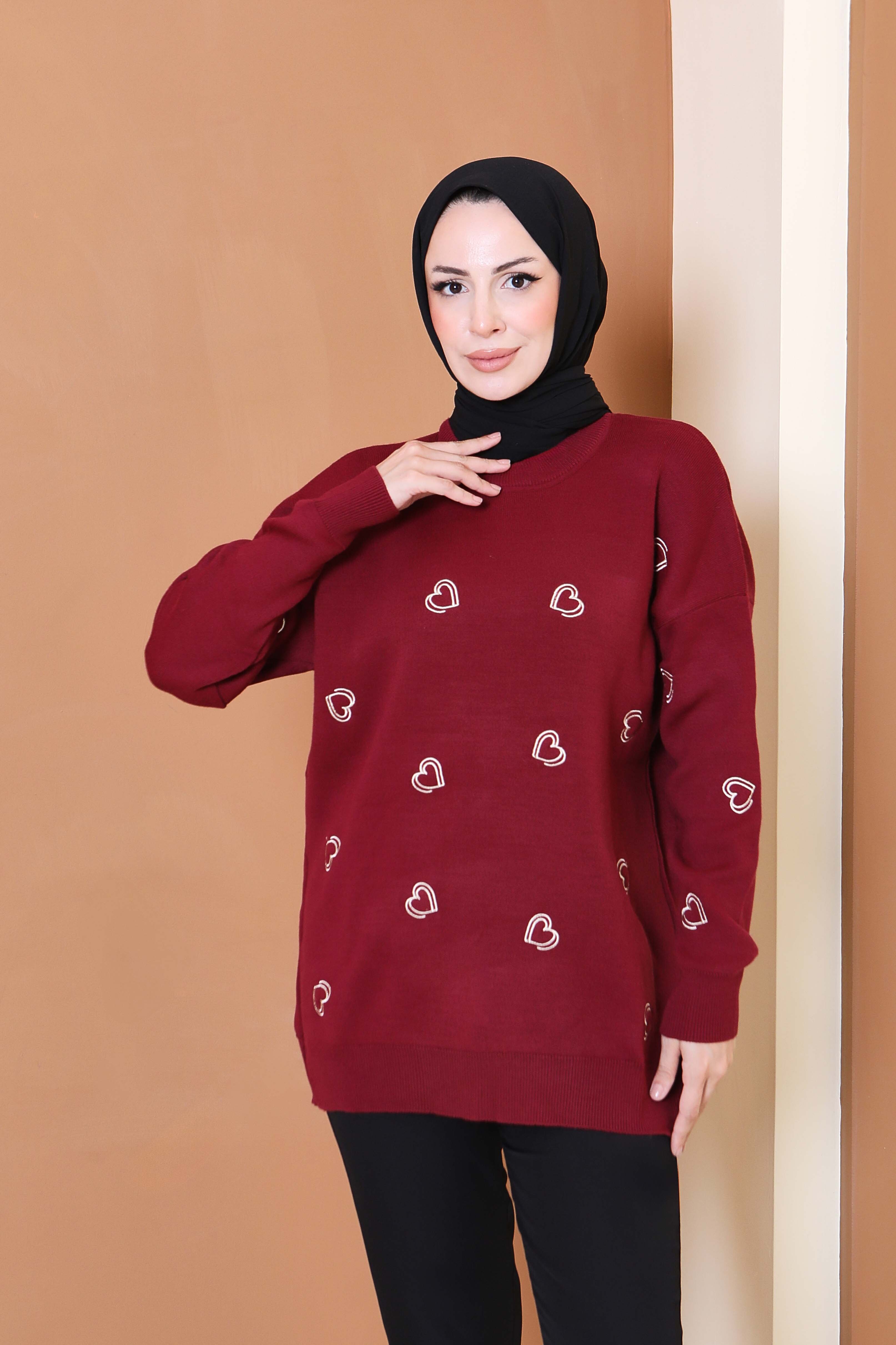Kalp Nakışlı Triko Kazak - 27793-BORDO - 2