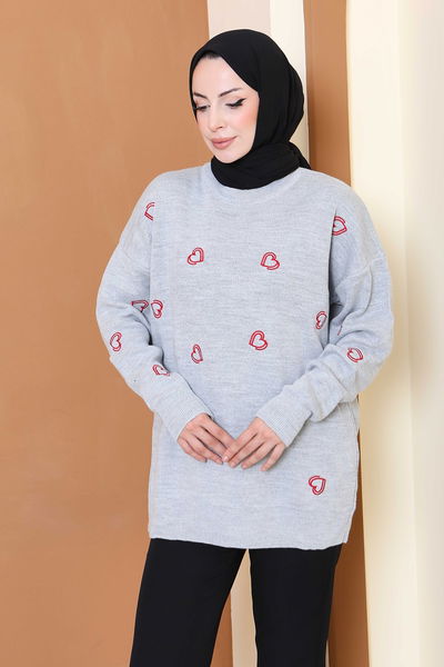 Kalp Nakışlı Triko Kazak - 27793-GRI 