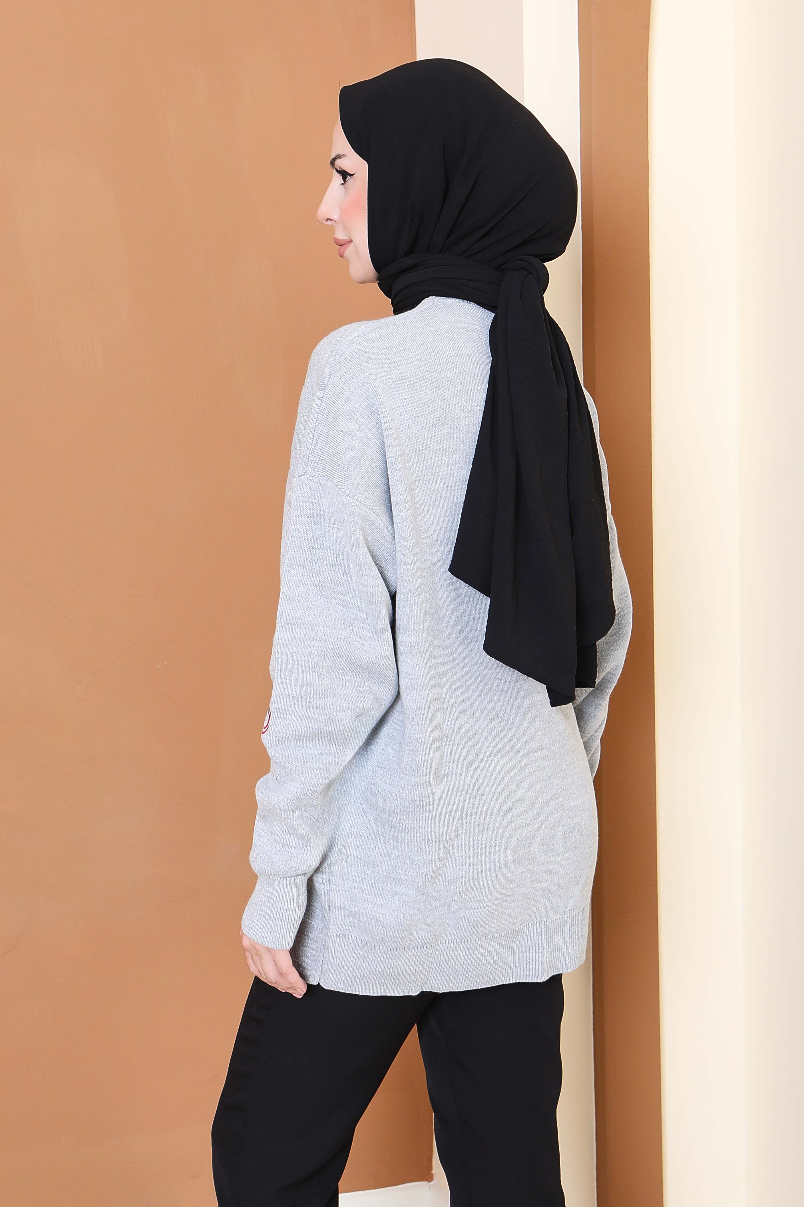 Kalp Nakışlı Triko Kazak - 27793-GRI - 4