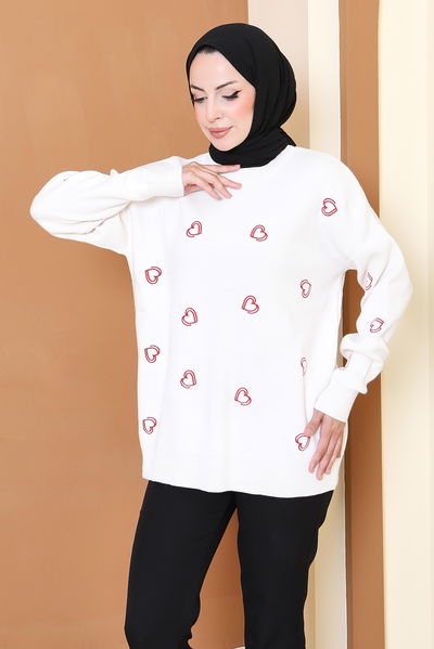 Kalp Nakışlı Triko Kazak - 27793-KREM 