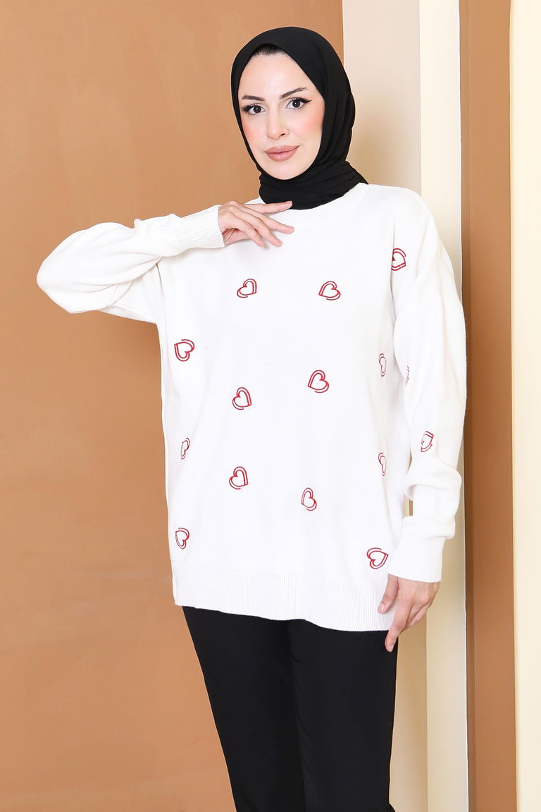 Kalp Nakışlı Triko Kazak - 27793-KREM - TOFİSA