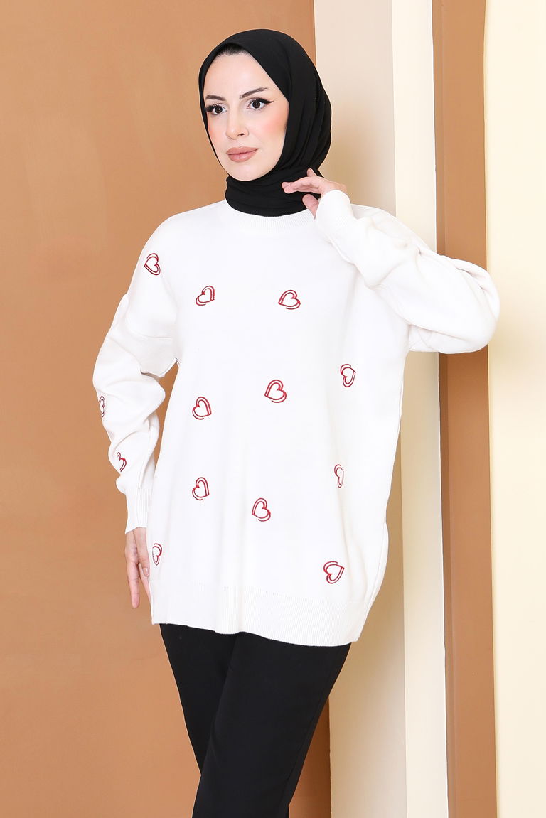 Kalp Nakışlı Triko Kazak - 27793-KREM - TOFİSA