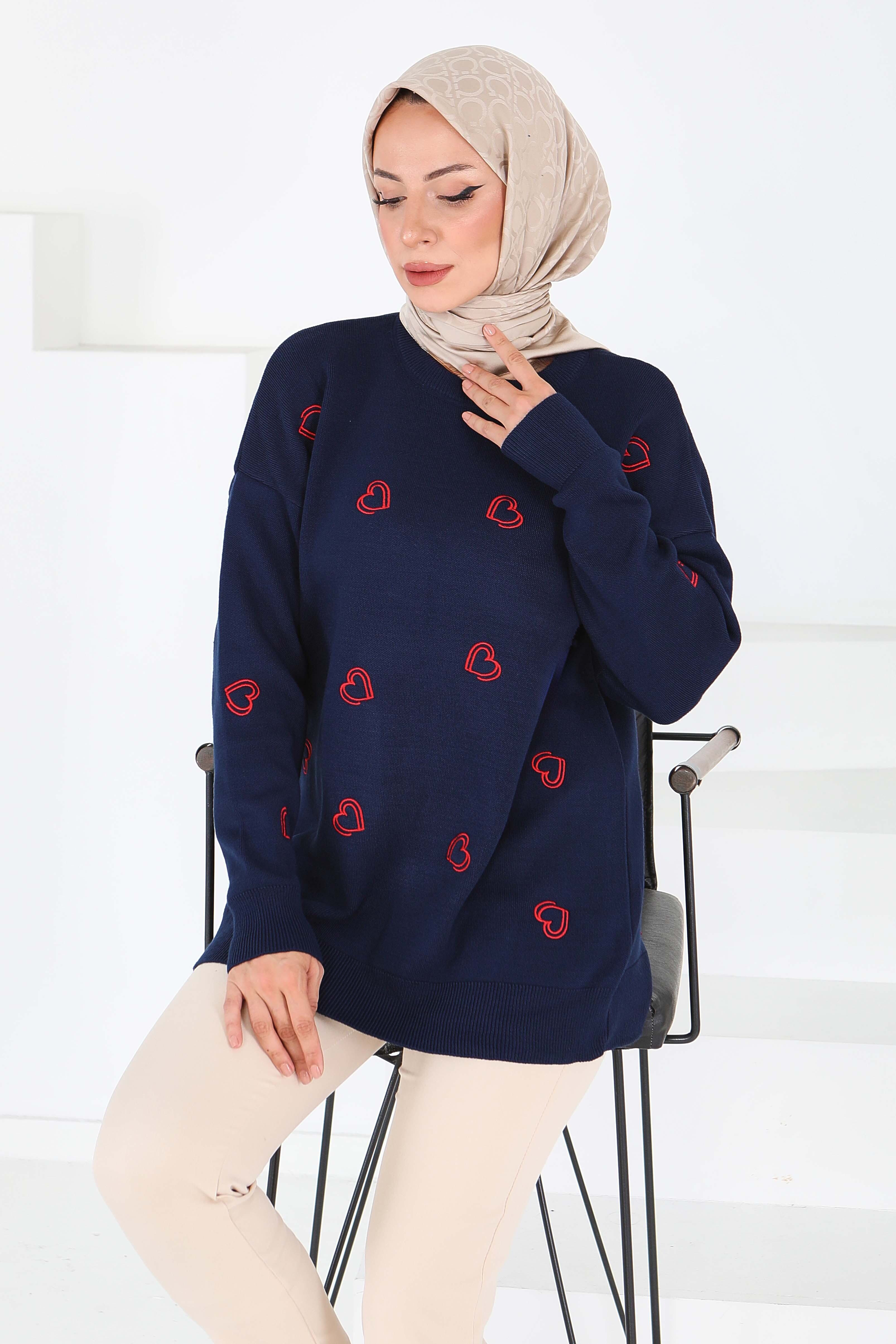Kalp Nakışlı Triko Kazak - 27793-LACIVERT - 1