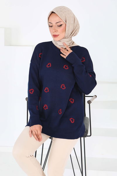Kalp Nakışlı Triko Kazak - 27793-LACIVERT 
