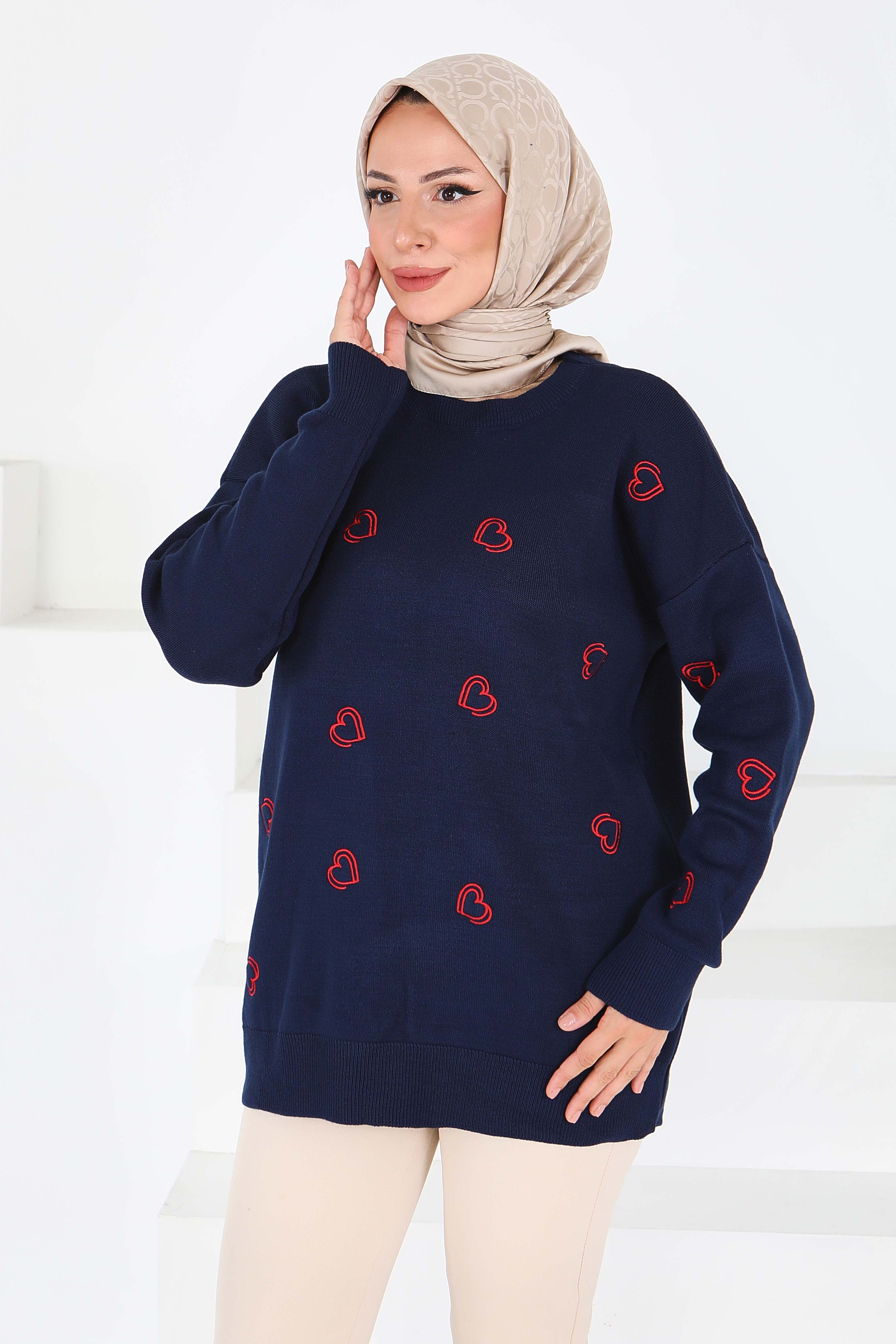 Kalp Nakışlı Triko Kazak - 27793-LACIVERT - 2