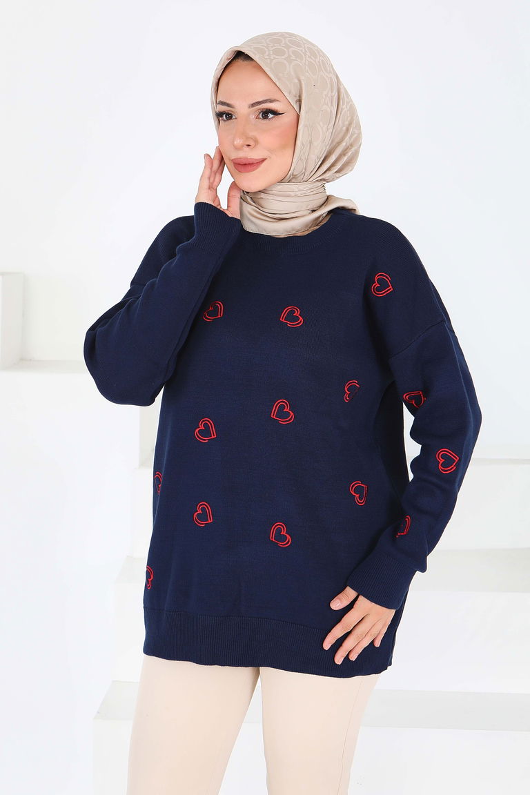 Kalp Nakışlı Triko Kazak - 27793-LACIVERT - TOFİSA