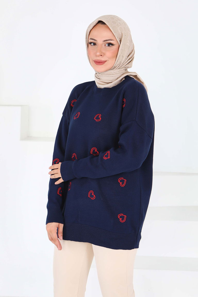 Kalp Nakışlı Triko Kazak - 27793-LACIVERT - TOFİSA
