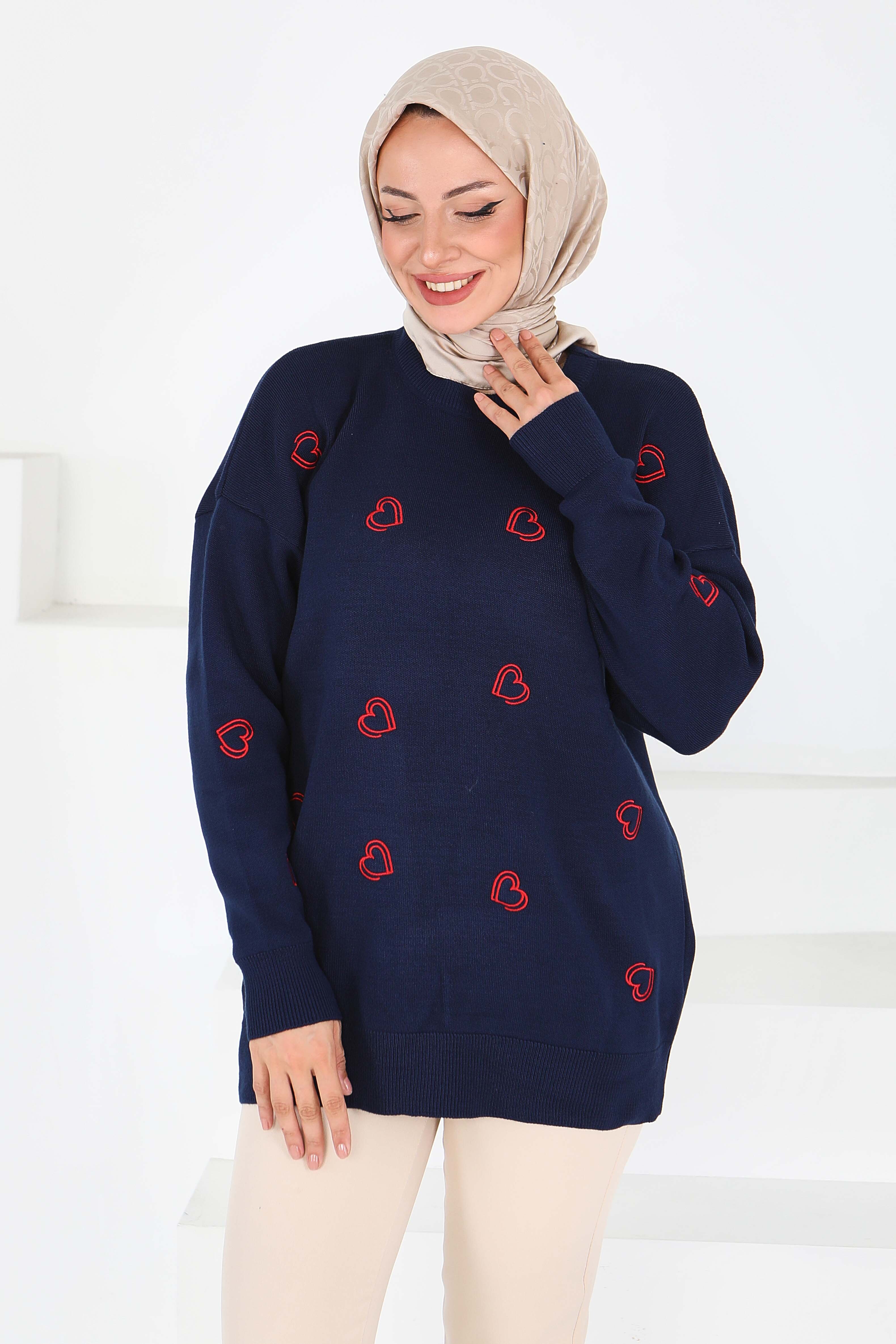 Kalp Nakışlı Triko Kazak - 27793-LACIVERT - 4