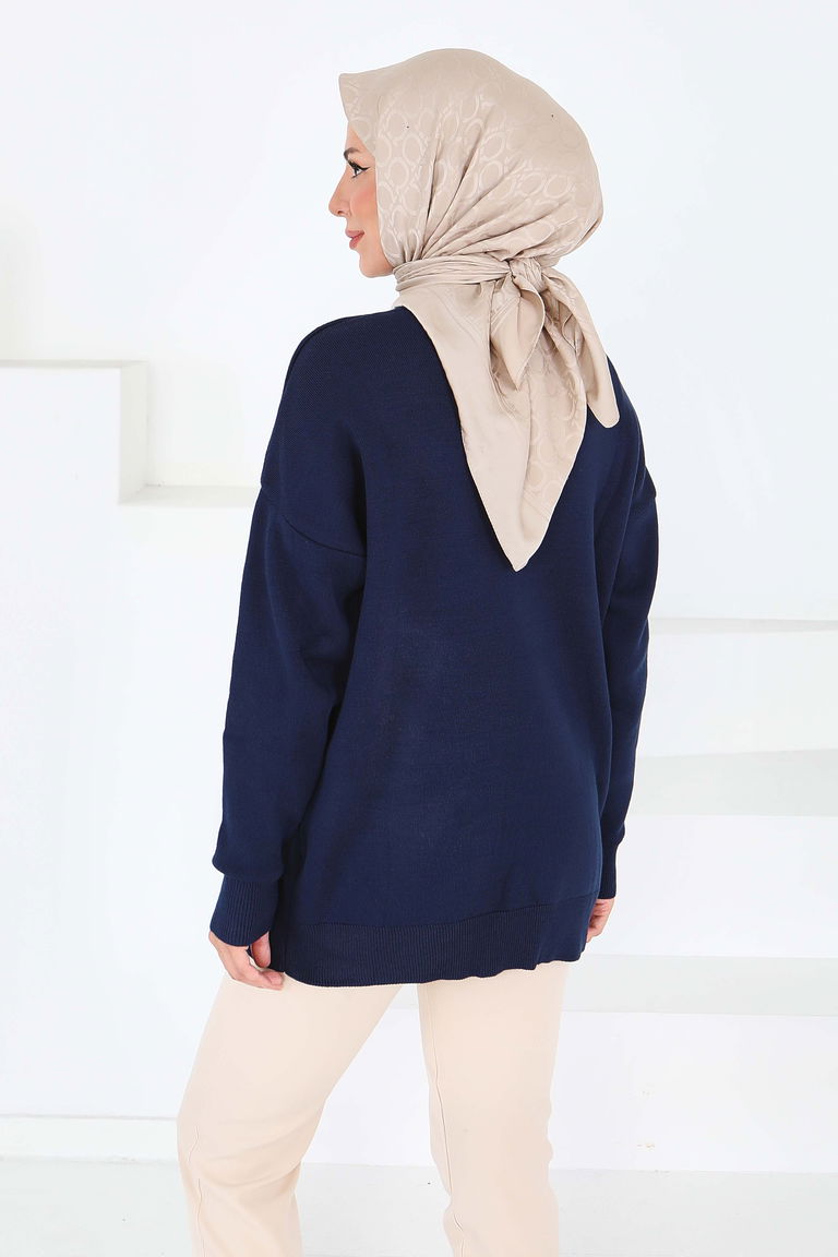 Kalp Nakışlı Triko Kazak - 27793-LACIVERT - TOFİSA