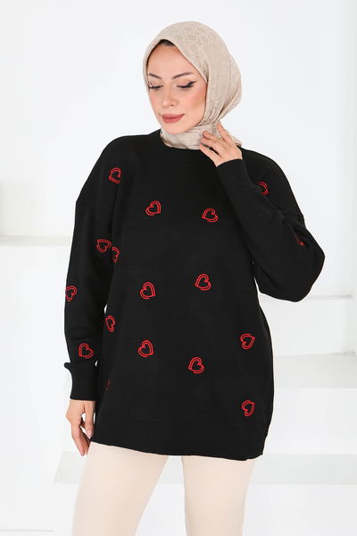 Kalp Nakışlı Triko Kazak - 27793-SIYAH 