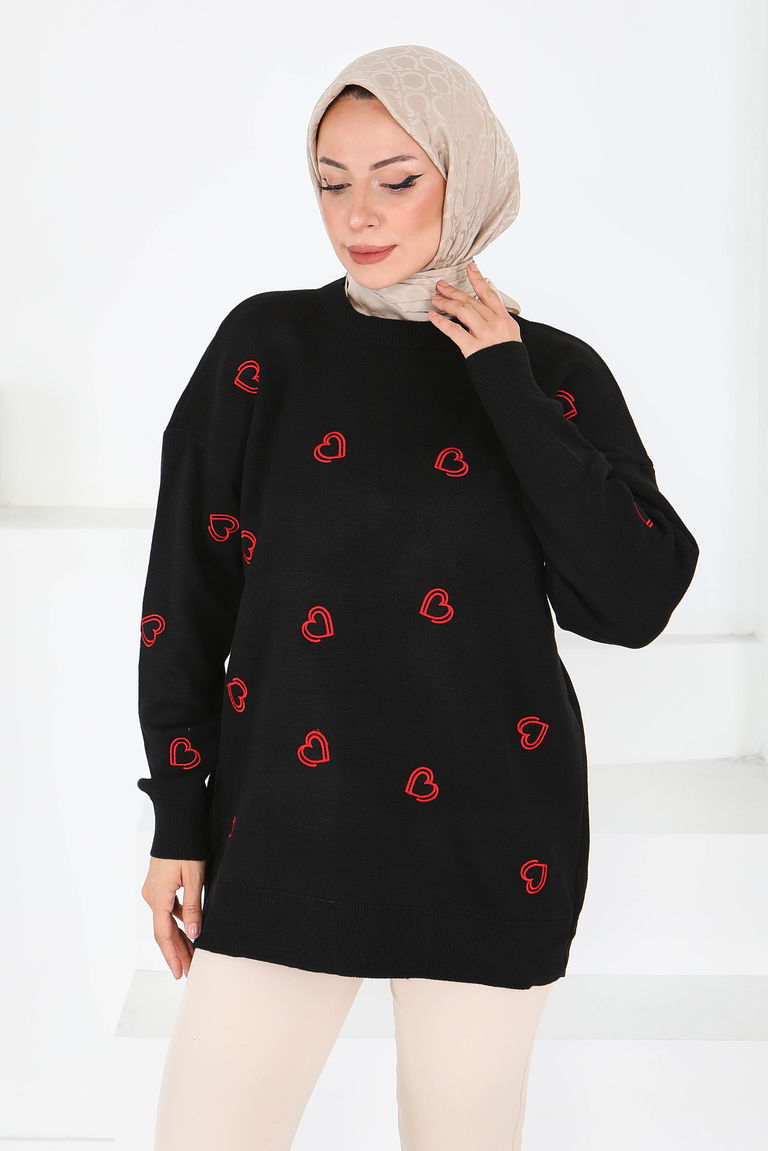 Kalp Nakışlı Triko Kazak - 27793-SIYAH - TOFİSA