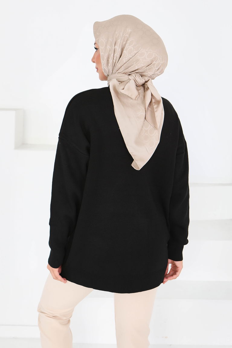 Kalp Nakışlı Triko Kazak - 27793-SIYAH - TOFİSA