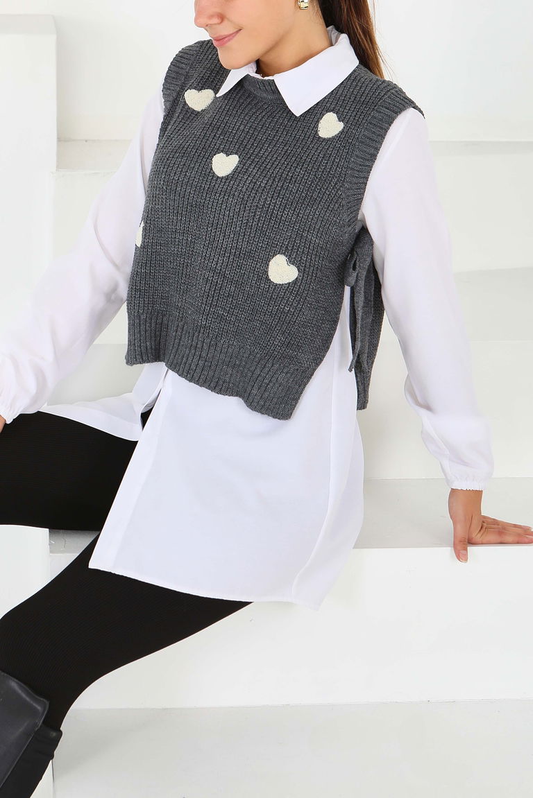 Kalp Nakışlı Triko Süveter - 27721-ANTRASIT - TOFİSA