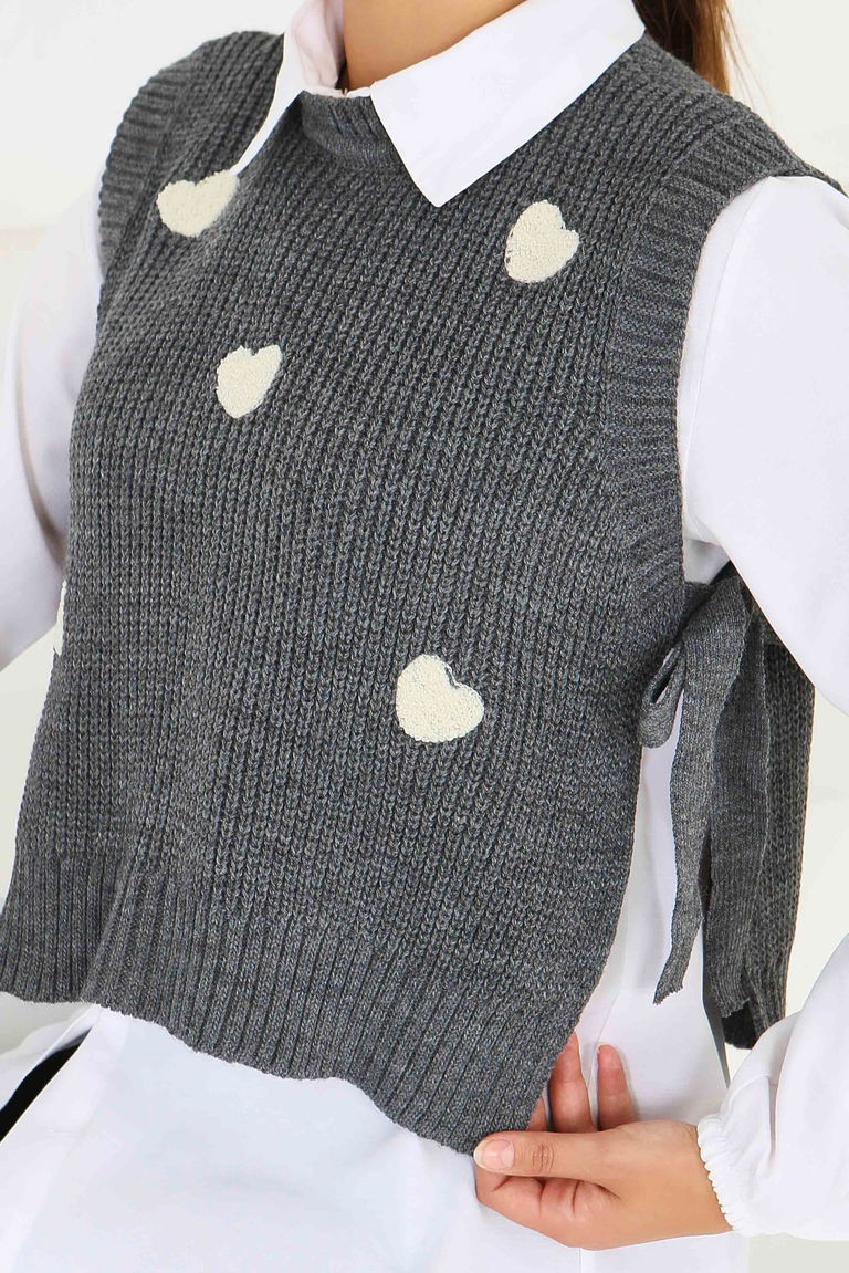 Kalp Nakışlı Triko Süveter - 27721-ANTRASIT - TOFİSA