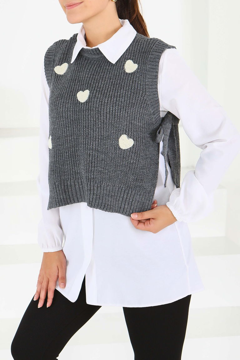 Kalp Nakışlı Triko Süveter - 27721-ANTRASIT - TOFİSA