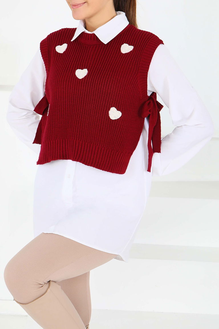 Kalp Nakışlı Triko Süveter - 27721-BORDO - TOFİSA