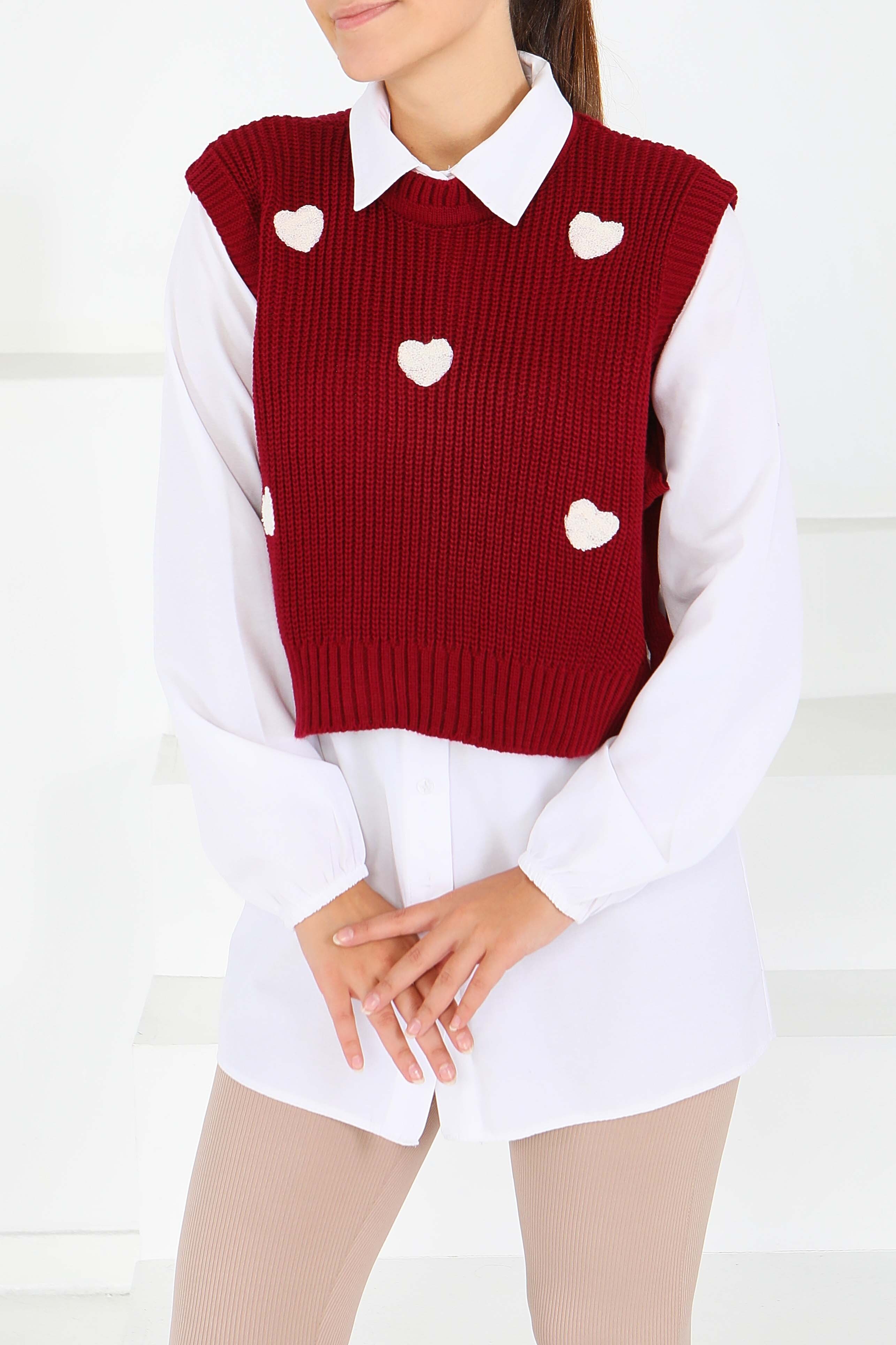 Kalp Nakışlı Triko Süveter - 27721-BORDO - 2